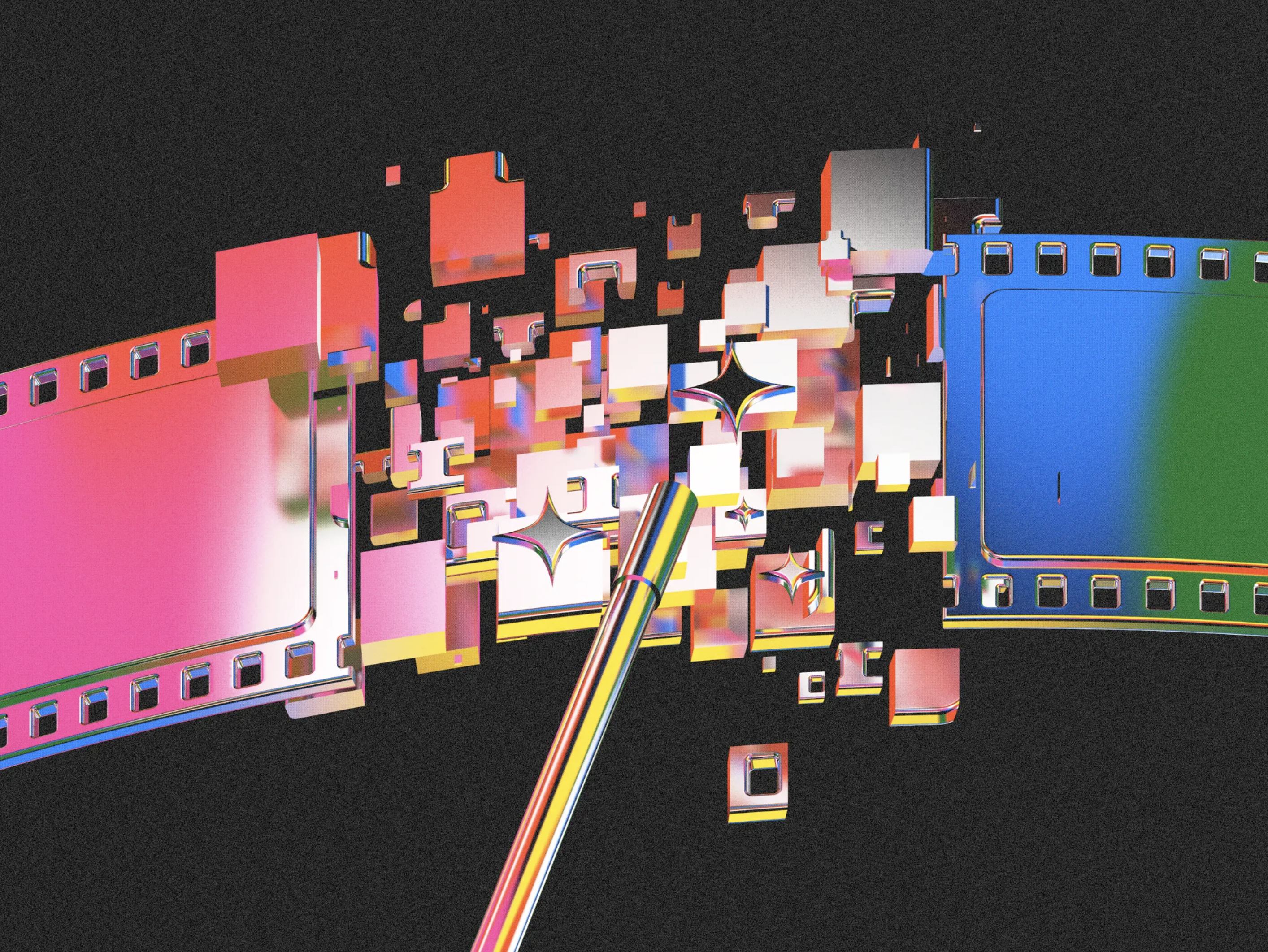 illustration of colorful filmstrips and a magic wand